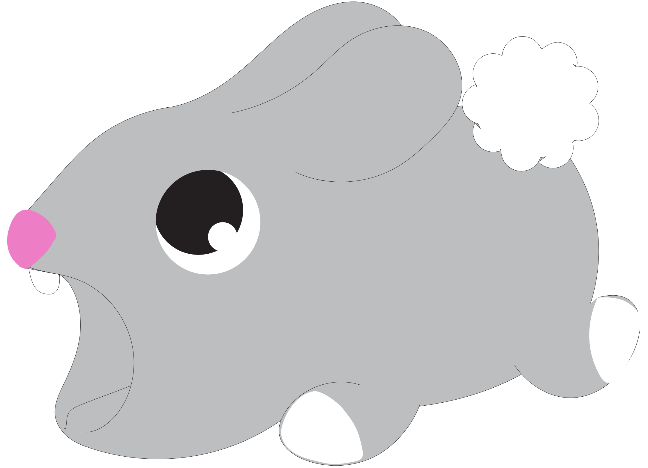 Two dimensional illustration of a gray bunny cable protector with a pink nose and white tail.