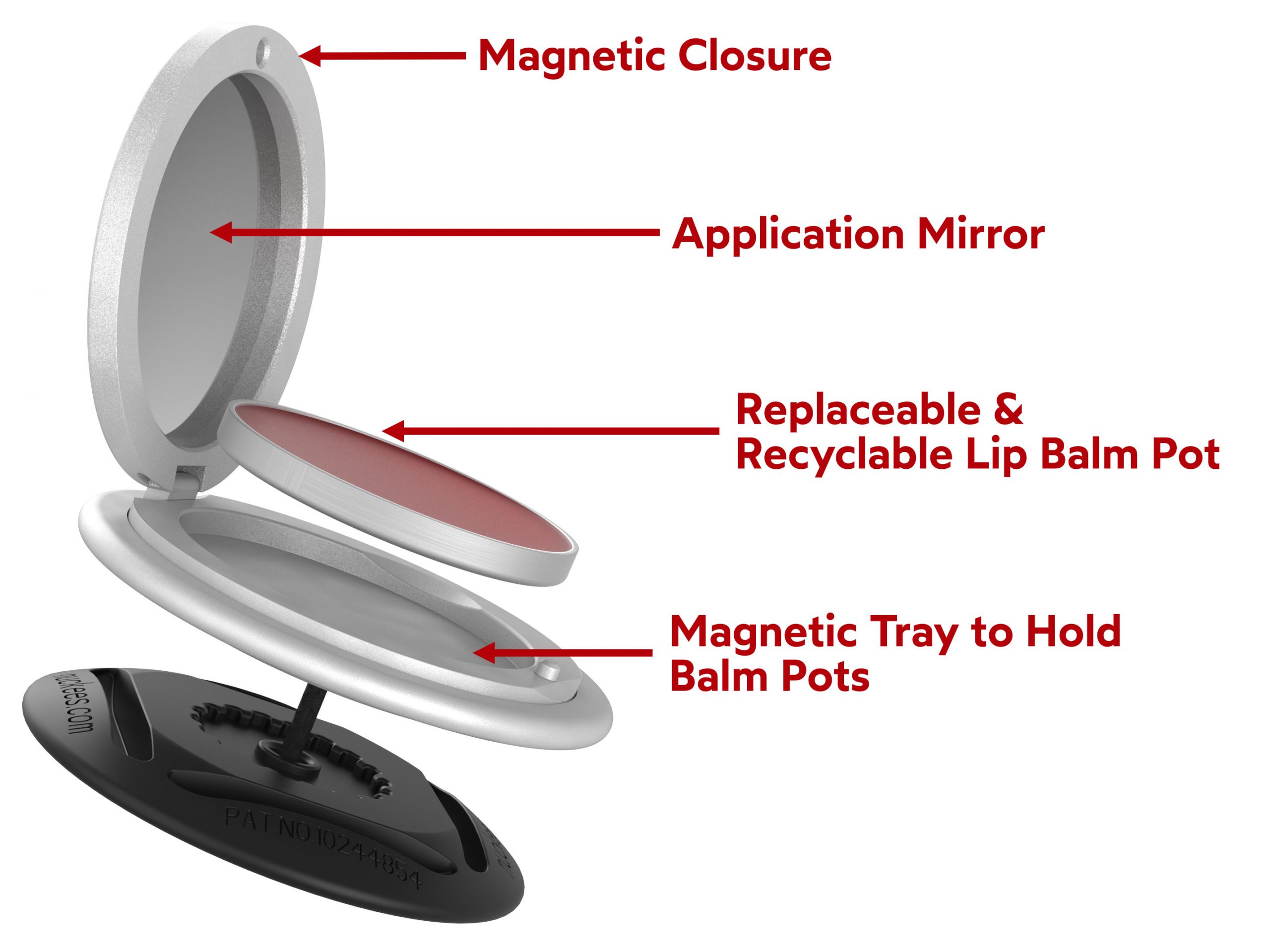Image showing that the silver smartphone grip has a magnetic closure, application mirror, replaceable & recyclable lip balm pot, and a magnetic tray to hold the balm pots.